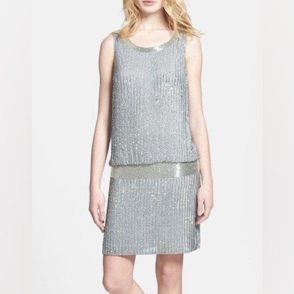 NWT Adrianna Papell Drop Waist Beaded Mini Dress Gray Silver Sequin Sleeveless 0 - Picture 1 of 15